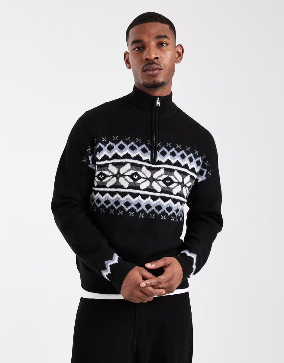 ASOS ONLY & SONS fairisle 1/4 zip jumper in black with blue & cream detail