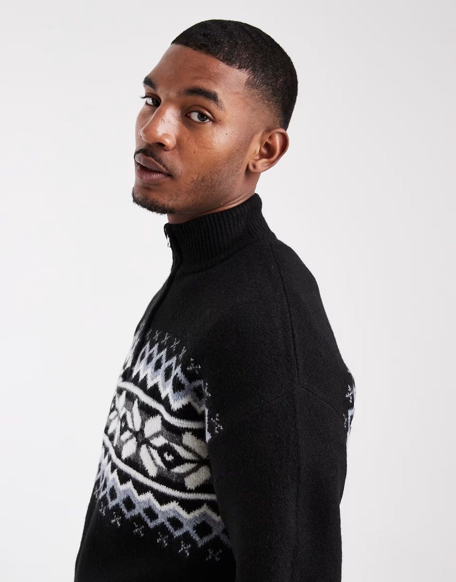 ASOS ONLY & SONS fairisle 1/4 zip jumper in black with blue & cream detail - 4
