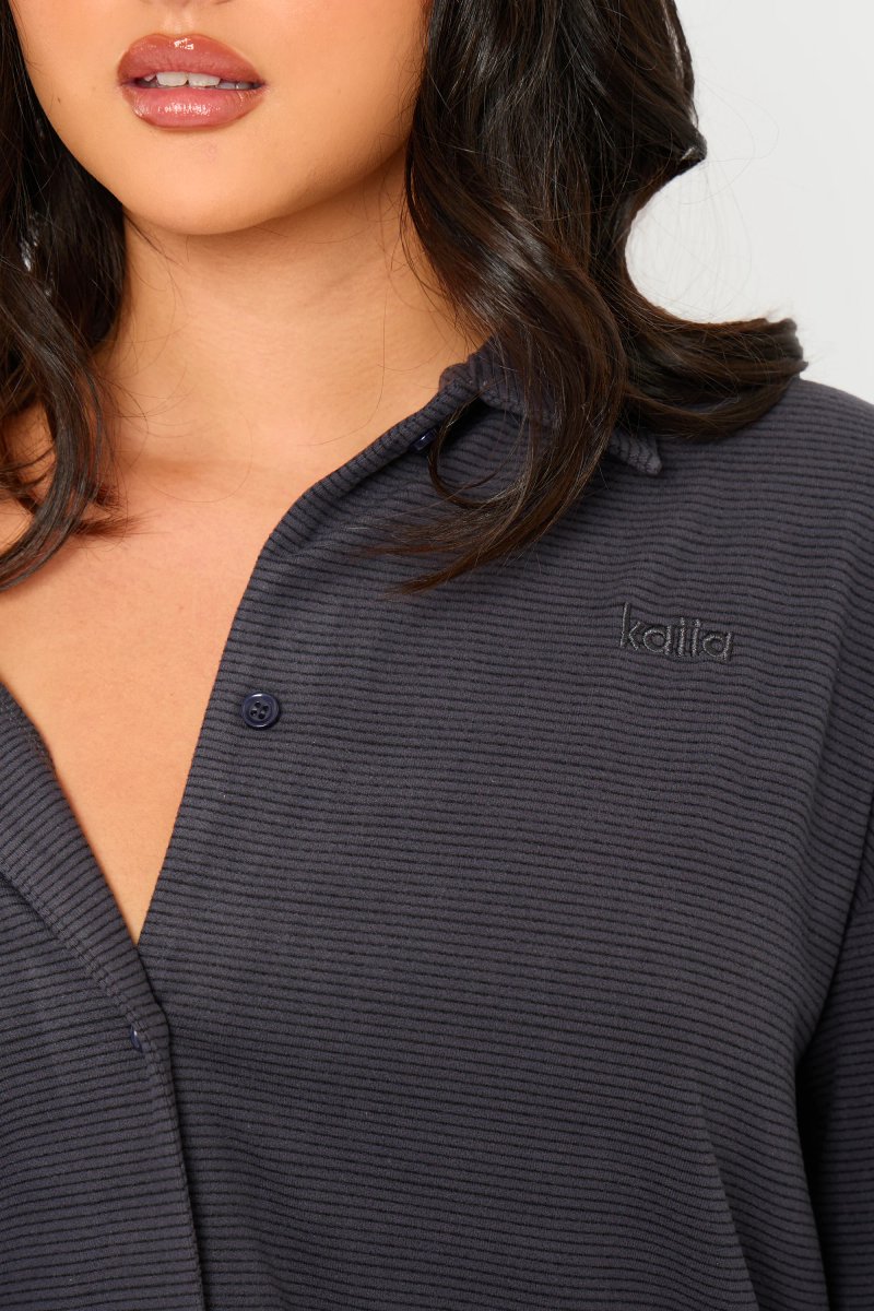 Kaiia Kaiia Striped Fleece Button Down Shirt Navy & Black - 2
