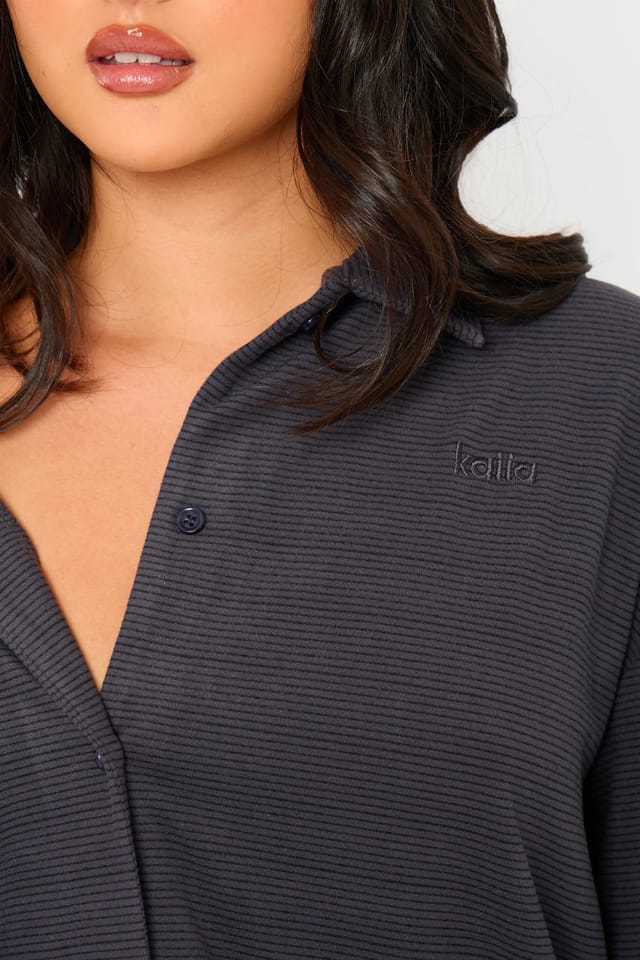 Kaiia Kaiia Striped Fleece Button Down Shirt Navy & Black - 2