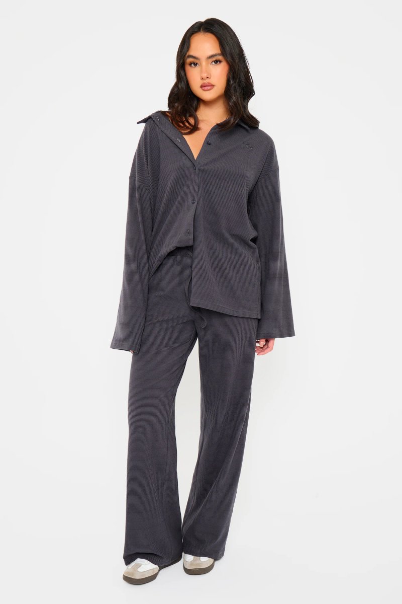 Kaiia Kaiia Striped Fleece Button Down Shirt Navy & Black - 3