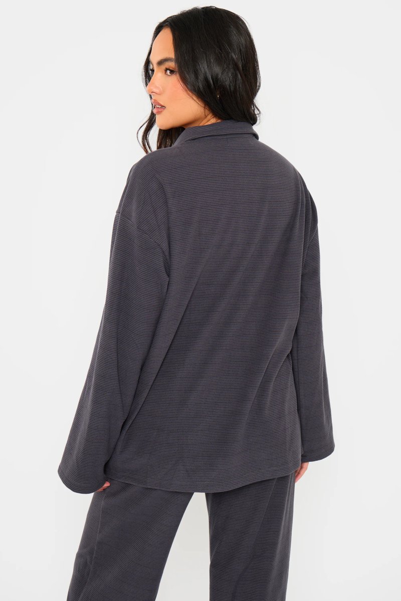 Kaiia Kaiia Striped Fleece Button Down Shirt Navy & Black - 4