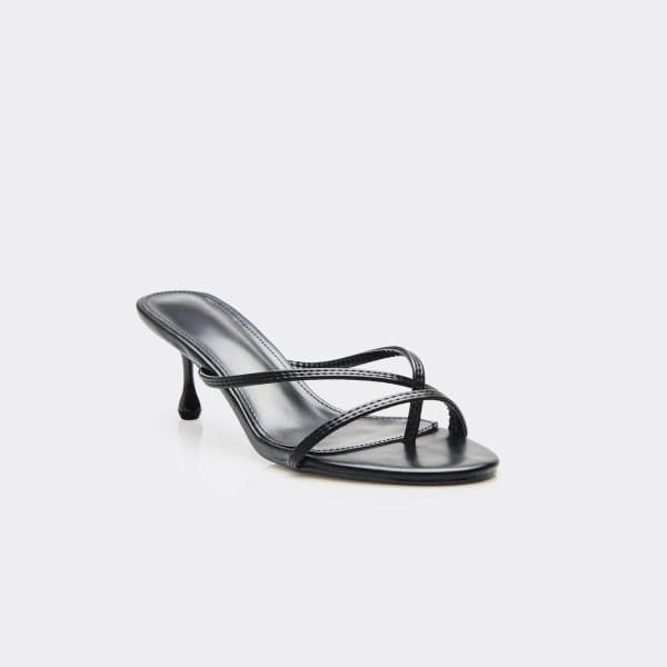 EGO Jayda Strappy Thong Kitten Heel In Black Faux Leather, Women's Size UK 3 - 2