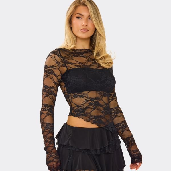 EGO Long Sleeve Asymmetric Hem Detail Top In Black Lace, Women's Size UK 16 - 2