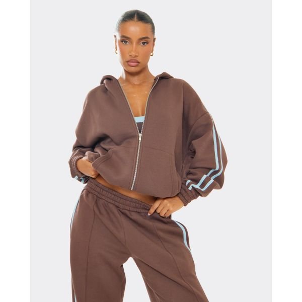 EGO Long Sleeve Contrast Side Stripe Zip Up Oversized Hoodie In Chocolate Brown, Women's Size UK 6 - 2