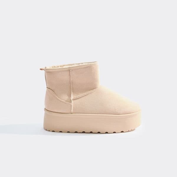 EGO Pumpkin Platform Sole Faux Fur Lining Ultra Mini Ankle Boot In Beige Faux Suede, Women's Size UK 7