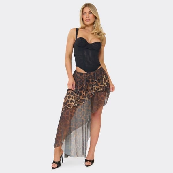 EGO Low Rise Asymmetric Ruffle Maxi Skirt In Multi Leopard Print Chiffon, Women's Size UK 6