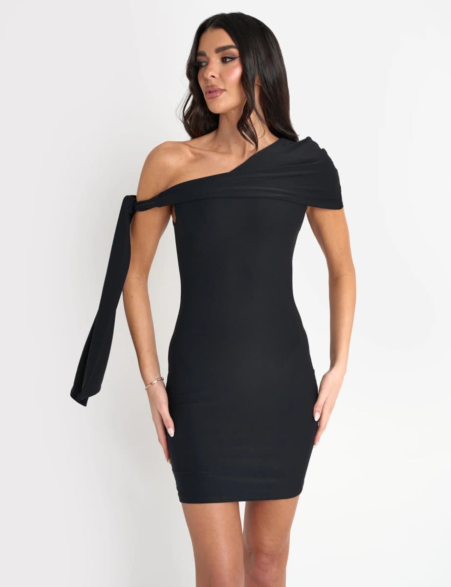 Public Desire Slinky Over Shoulder Tie Detail Mini Dress Black