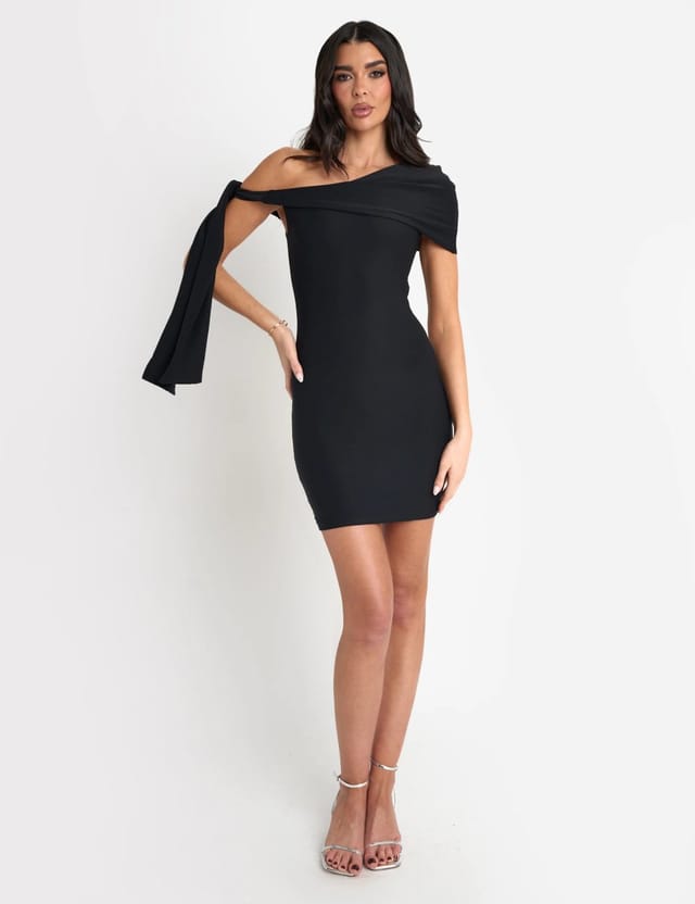 Public Desire Slinky Over Shoulder Tie Detail Mini Dress Black - 3