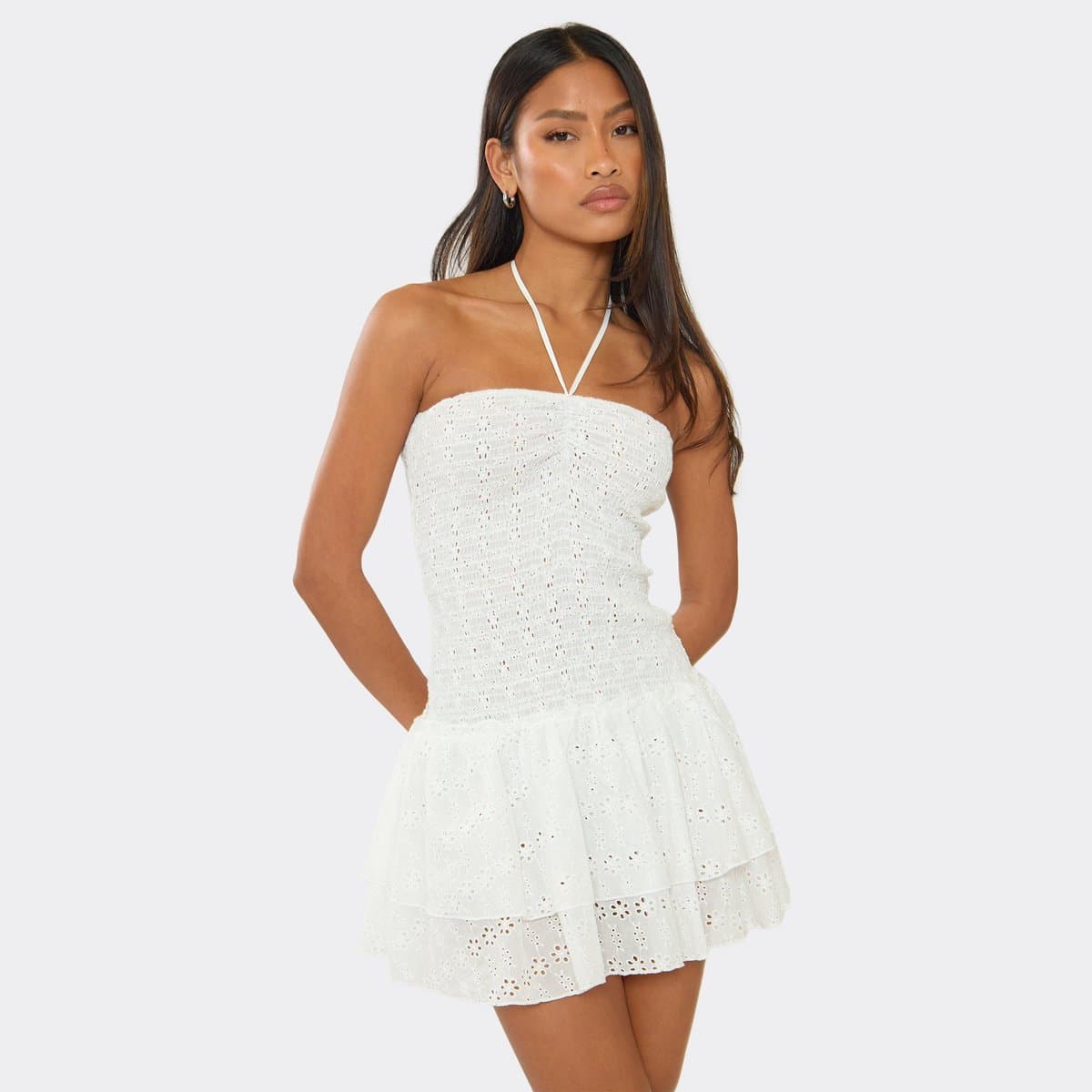 EGO Halter Neck Frill Hem Mini Dress In White Broderie, Women's Size UK 6