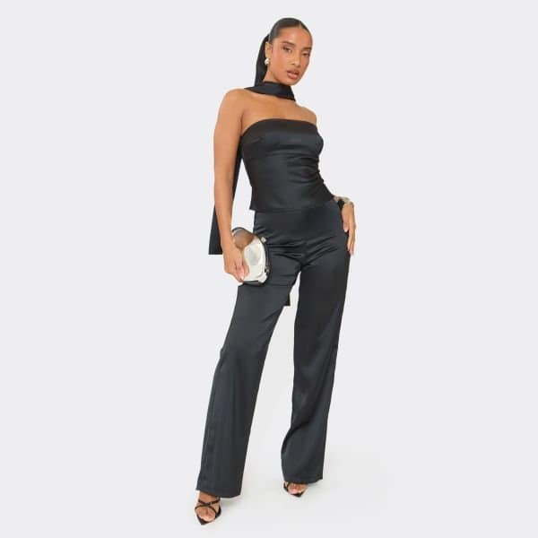 EGO EGO Mid Rise Satin Straight Leg Trousers in Black
