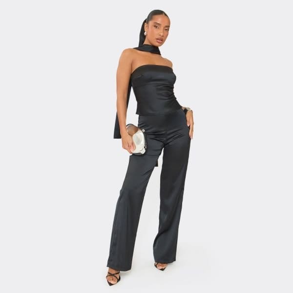 EGO Mid Rise Straight Leg Trousers In Black Satin, Women's Size UK 8 - 1