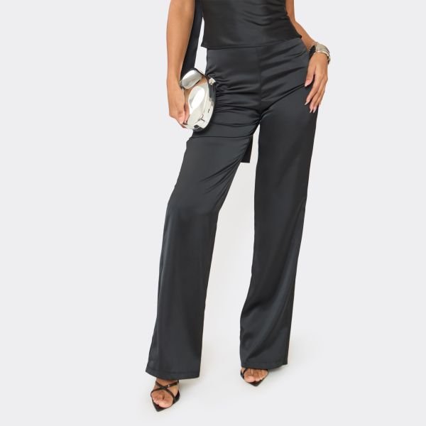 EGO Mid Rise Straight Leg Trousers In Black Satin, Women's Size UK 8 - 2