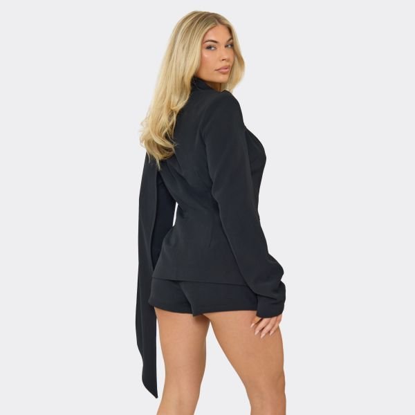 EGO Plunge Scarf Detail Cinched Waist Tailored Blazer In Black, Women's Size UK 6 - 2