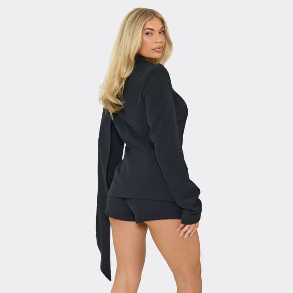 EGO Plunge Scarf Detail Cinched Waist Tailored Blazer In Black, Women's Size UK 6 - 2