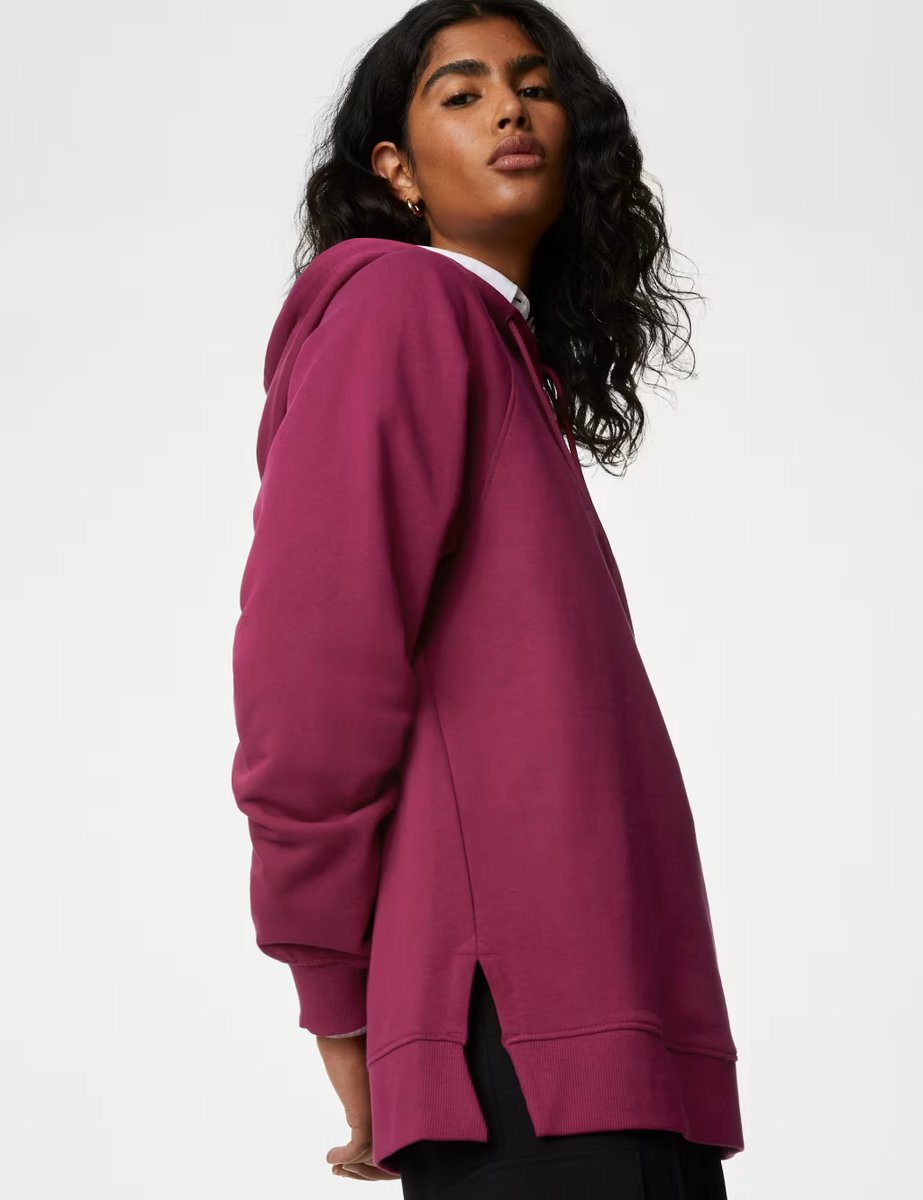Marks & Spencer M&S Pure Cotton Longline Hoodie Dark Magenta - 2