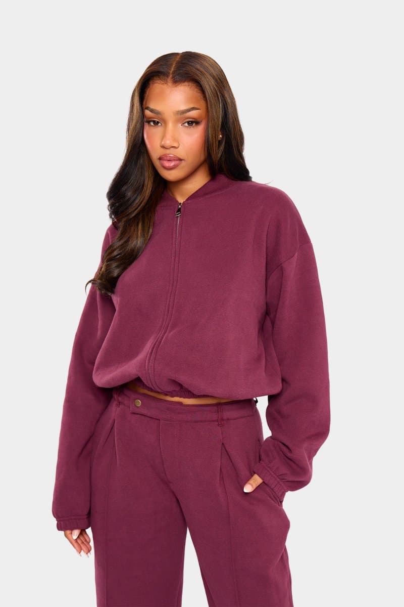 Kaiia Kaiia Zip Through Bomber Style Sweatshirt Dark Cherry