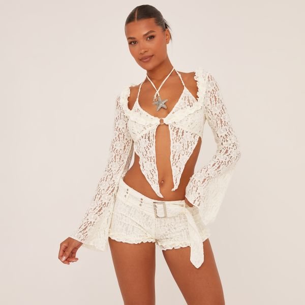 EGO Flared Long Sleeve Split Hem Top In Cream Lace, Women's Size UK 4 - 1