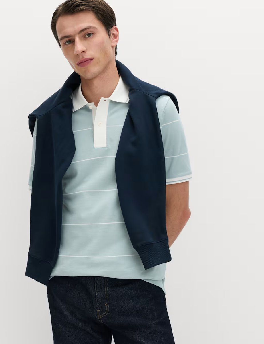 Marks & Spencer M&S Pure Cotton Pique Striped Polo Shirt Soft Blue - 4