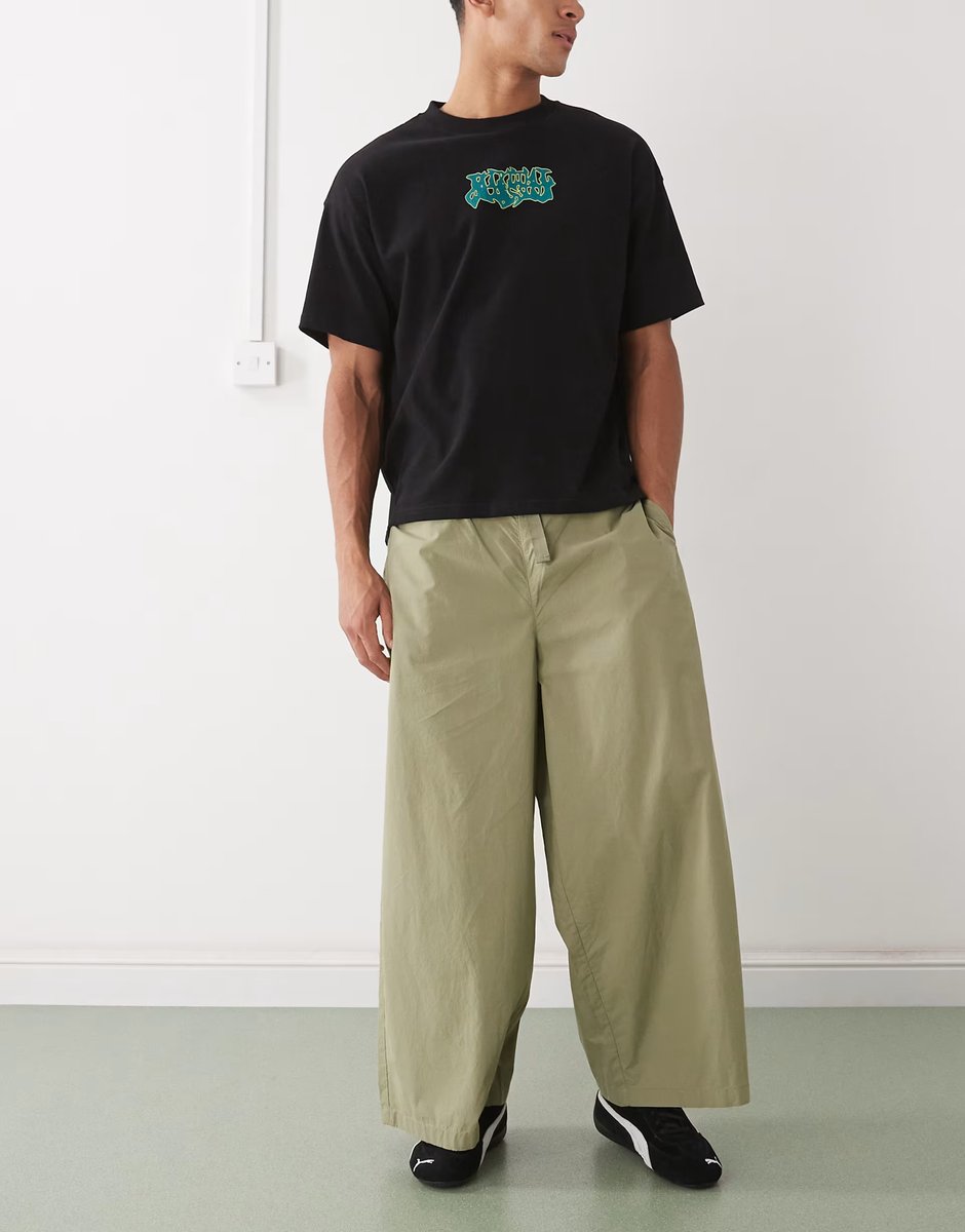 ASOS Reclaimed Vintage wide leg parachute trousers in light khaki - 2