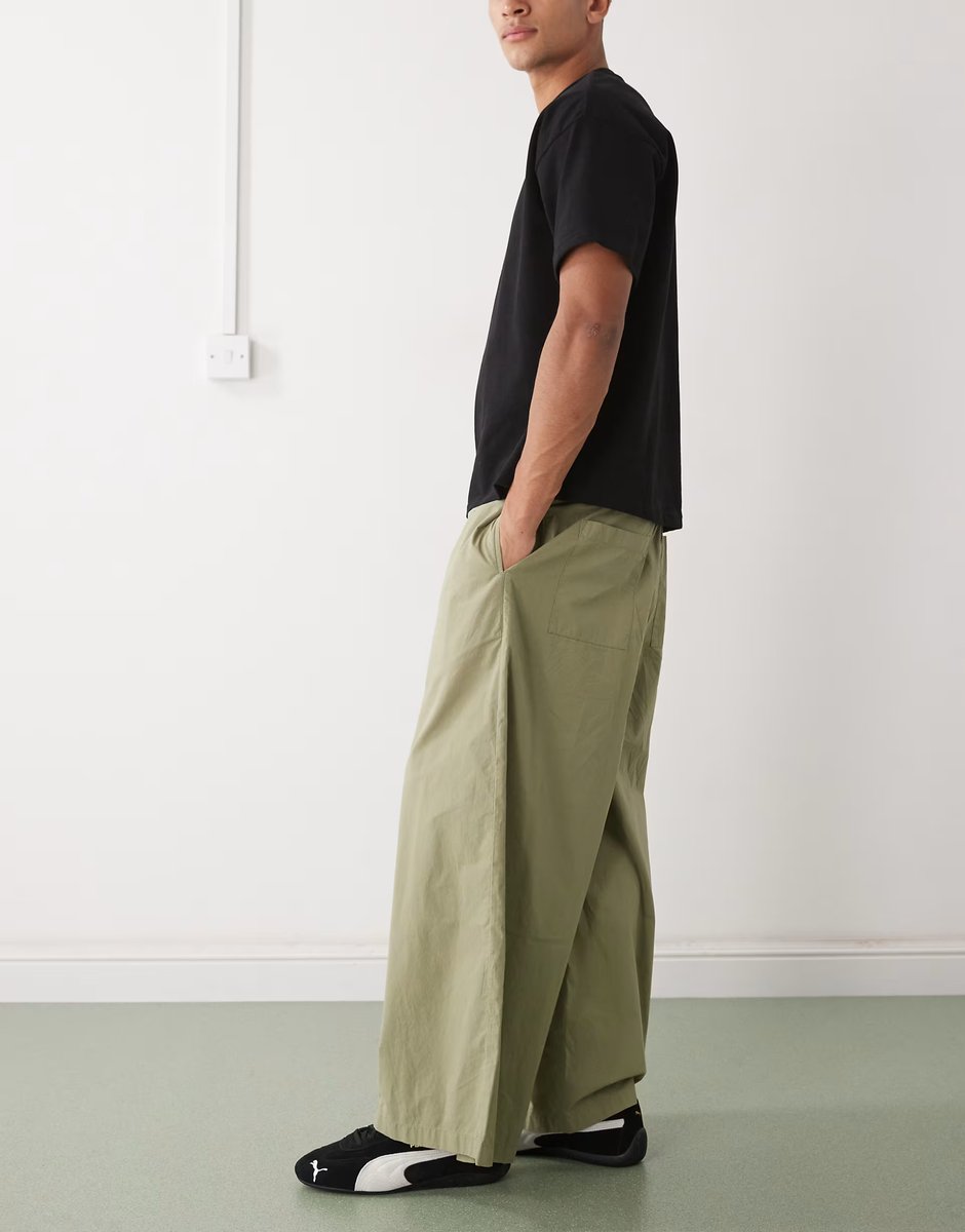 ASOS Reclaimed Vintage wide leg parachute trousers in light khaki - 3