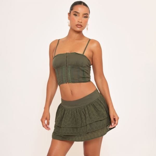 EGO Strappy Hook And Eye Lace Trim Detail Top In Khaki Green, Women's Size UK 6 - 1