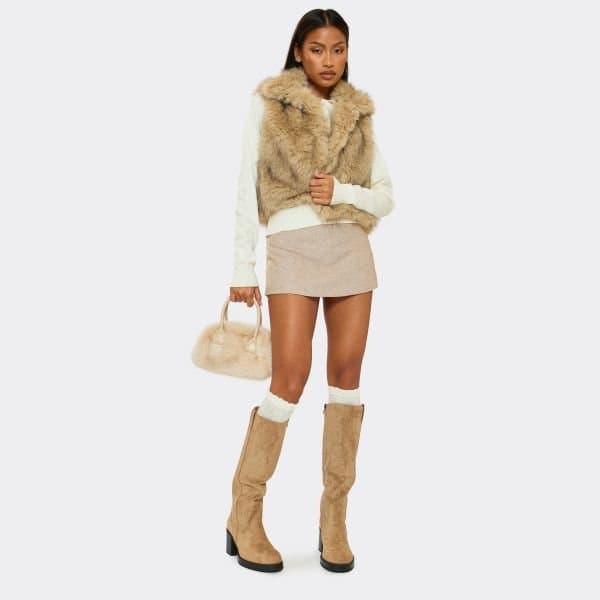EGO Stun Block Heel Knee High Boot In Beige Faux Suede, Women's Size UK 3