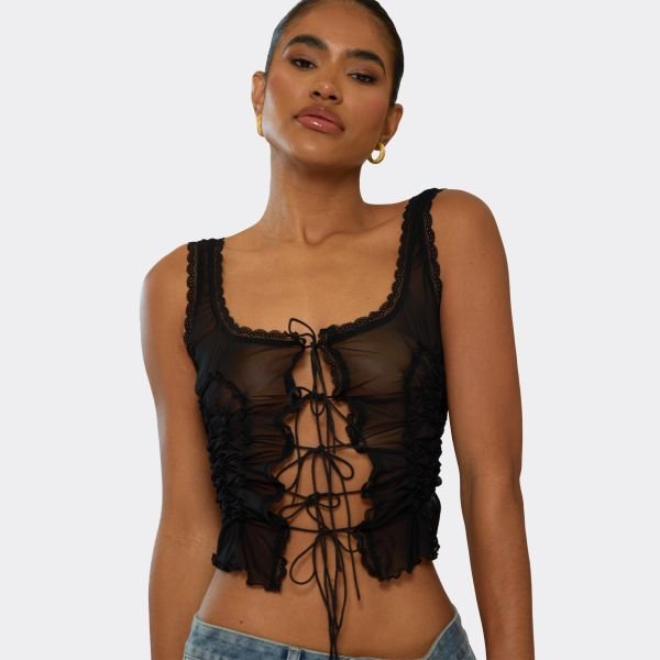 EGO Strappy Square Neck Ruffle Tie Front Top In Black Mesh, Women's Size UK 6 - 2