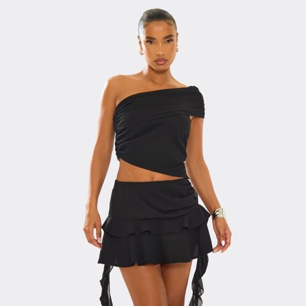 EGO Fold Over Asymmetric One Shoulder Frill Detail Crop Top In Black Mesh, Women's Size UK 6 - 1