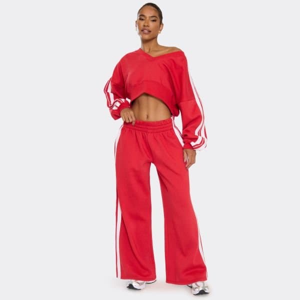 EGO Low Rise Stripe Detail Wide Leg Joggers In Red, Women's Size UK 6