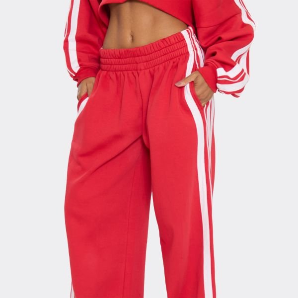 EGO Low Rise Stripe Detail Wide Leg Joggers In Red, Women's Size UK 6 - 2