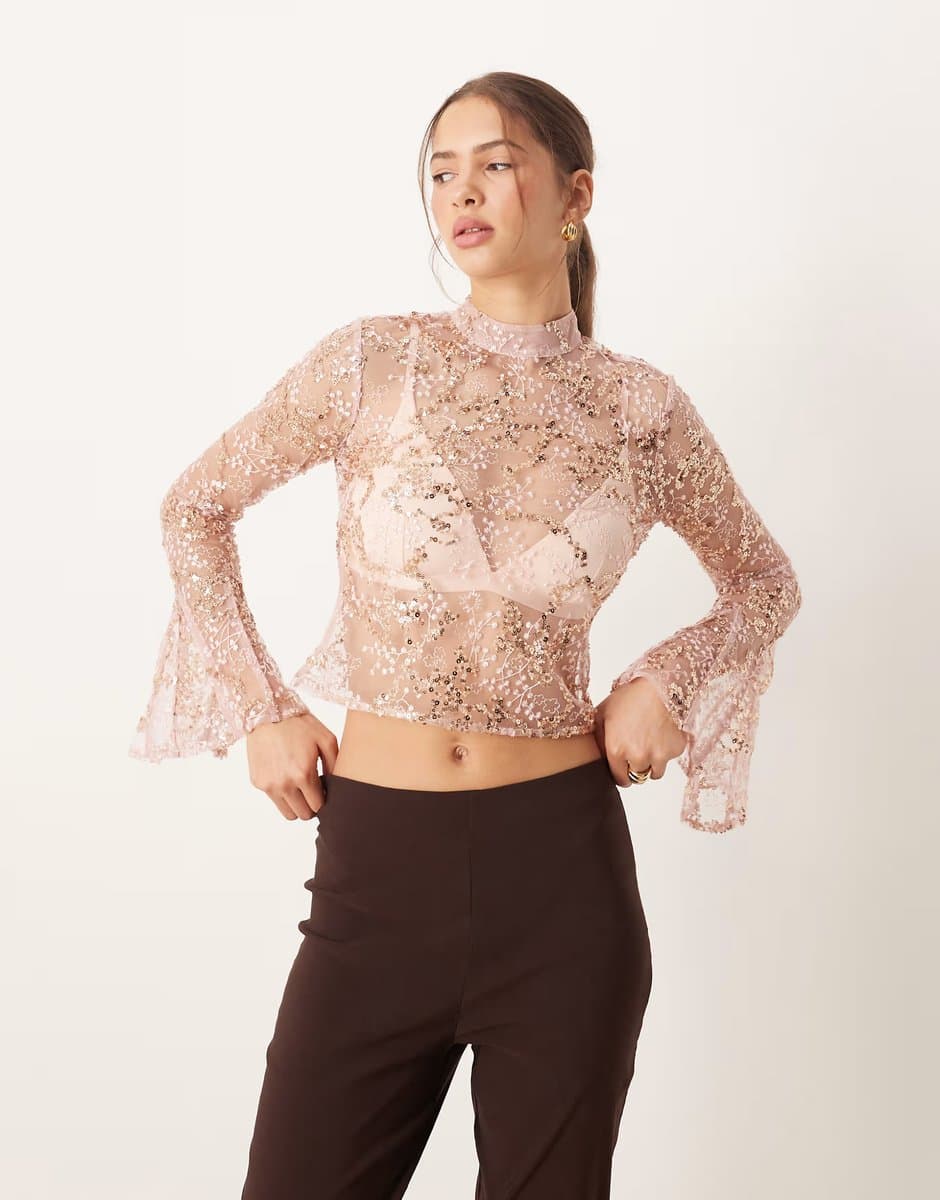 ASOS ASOS DESIGN delicate lace scatter sequin flare sleeve top with cutout back detail in pink