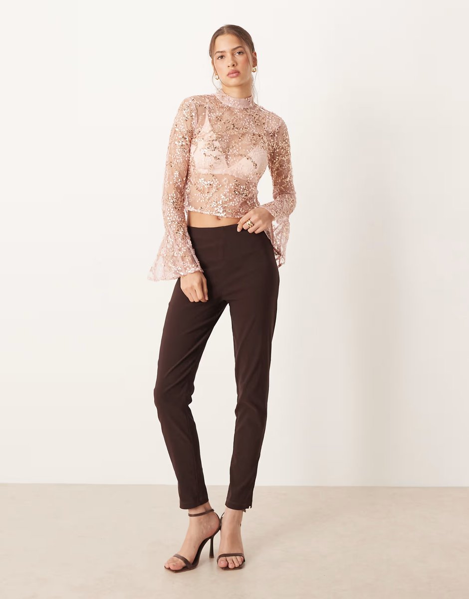 ASOS ASOS DESIGN delicate lace scatter sequin flare sleeve top with cutout back detail in pink - 2