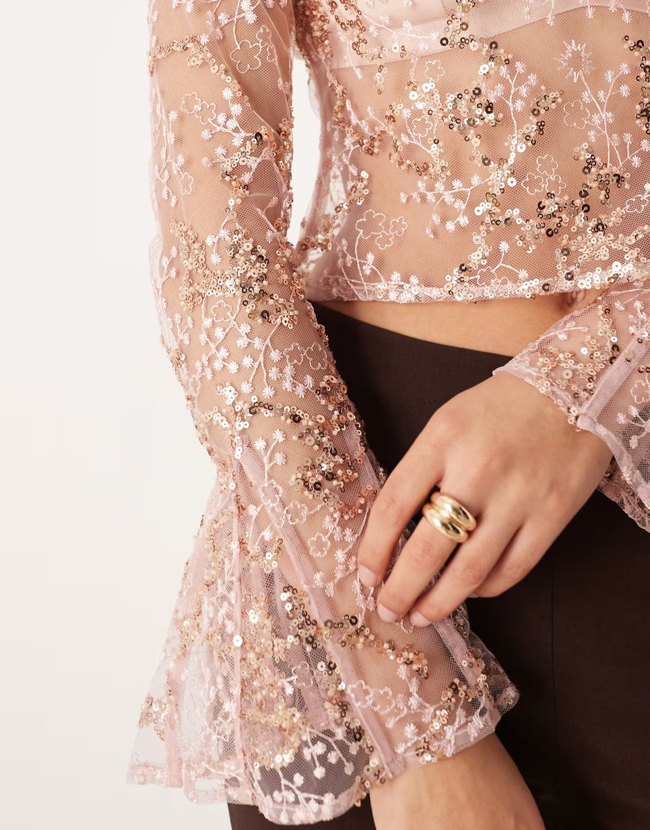 ASOS ASOS DESIGN delicate lace scatter sequin flare sleeve top with cutout back detail in pink - 3