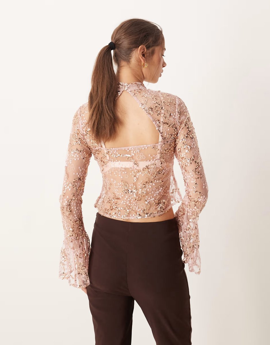 ASOS ASOS DESIGN delicate lace scatter sequin flare sleeve top with cutout back detail in pink - 4