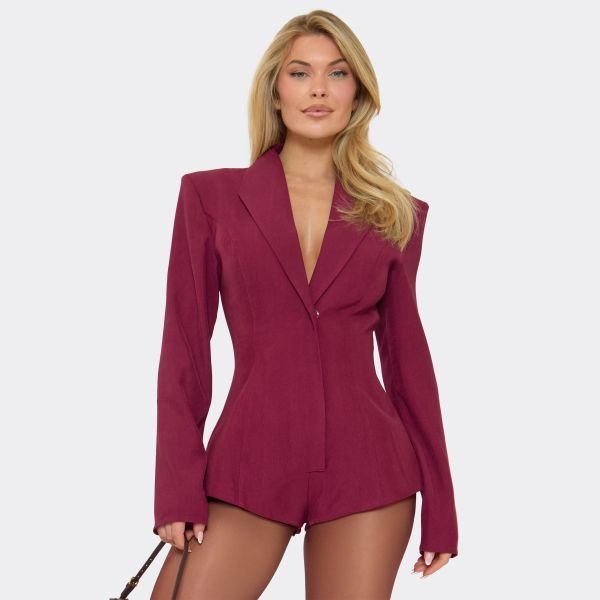 EGO Plunge Neck Shoulder Pad Cinched Waist Detail Tailored Playsuit In Burgundy, Women's Size UK 6 - 1