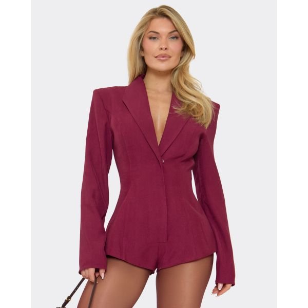 EGO Plunge Neck Shoulder Pad Cinched Waist Detail Tailored Playsuit In Burgundy, Women's Size UK 6 - 2
