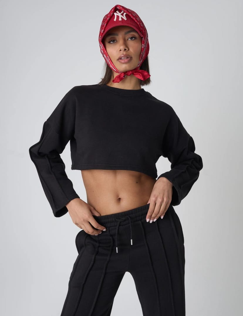 Public Desire Seam Detail Oversized Crop Sweatshirt Black - 1