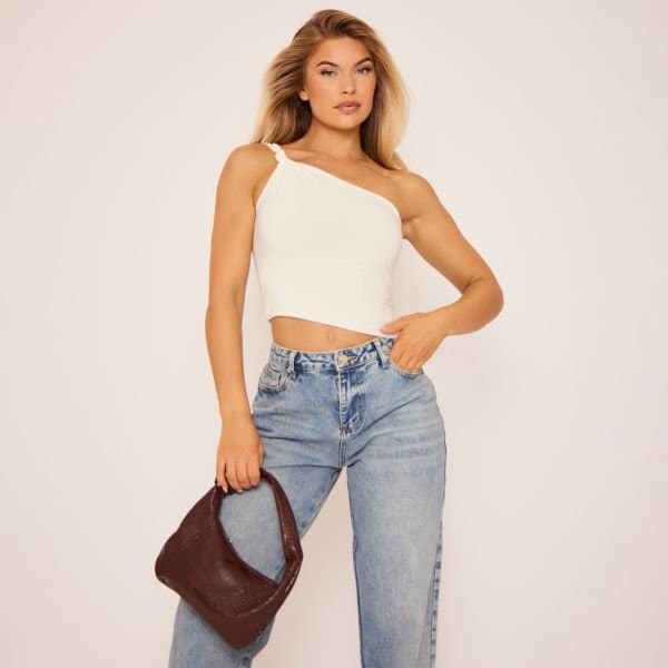 EGO One Shoulder Knot Detail Top In White Slinky, Women's Size UK 10