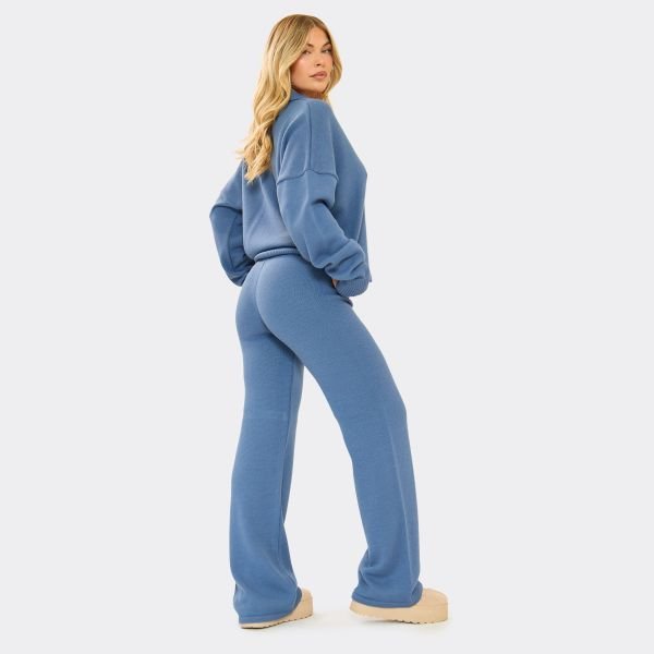 EGO Mid Rise Ego Graphic Wide Leg Trousers In Blue Knit, Women's Size UK Small S - 2