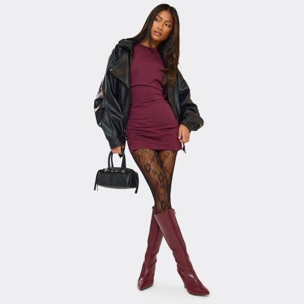 EGO Slayer Pointed Toe Stiletto Heel Knee High Boot In Burgundy Faux Leather, Women's Size UK 5