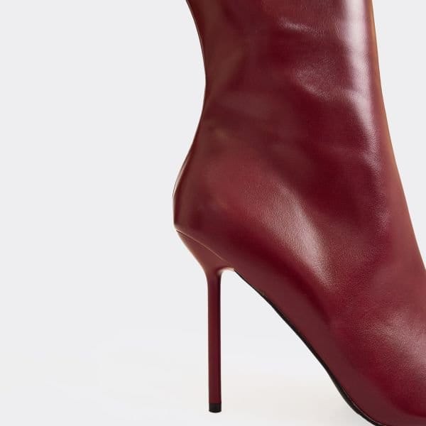 EGO Slayer Pointed Toe Stiletto Heel Knee High Boot In Burgundy Faux Leather, Women's Size UK 5 - 2