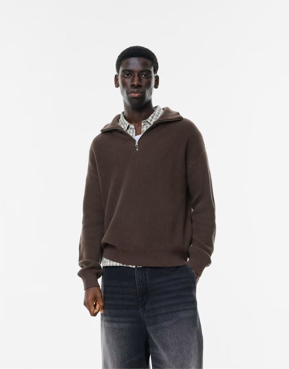 ASOS Pull&Bear Quarter-zip sweater in brown