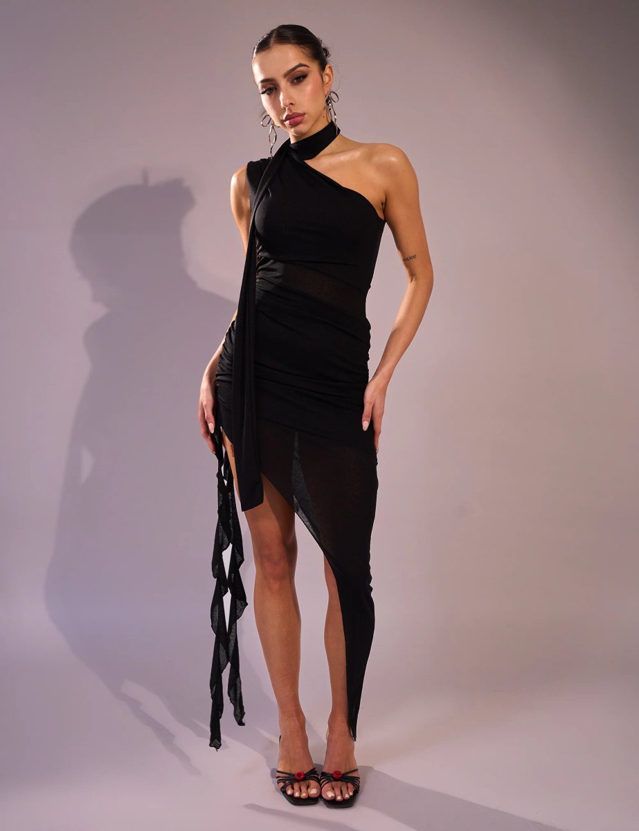 Public Desire Mesh Choker Detail Asymmetric Midaxi Dress Black - 2