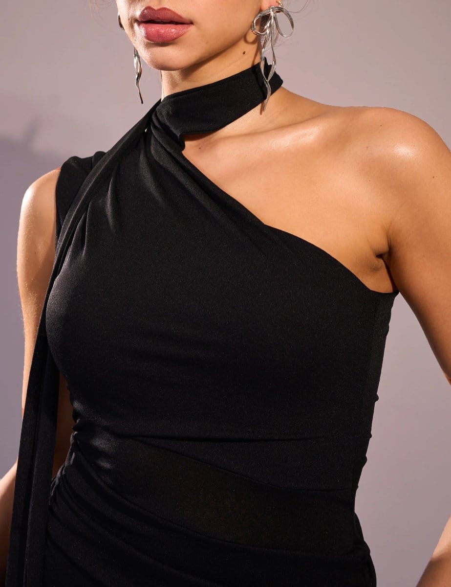 Public Desire Mesh Choker Detail Asymmetric Midaxi Dress Black - 4