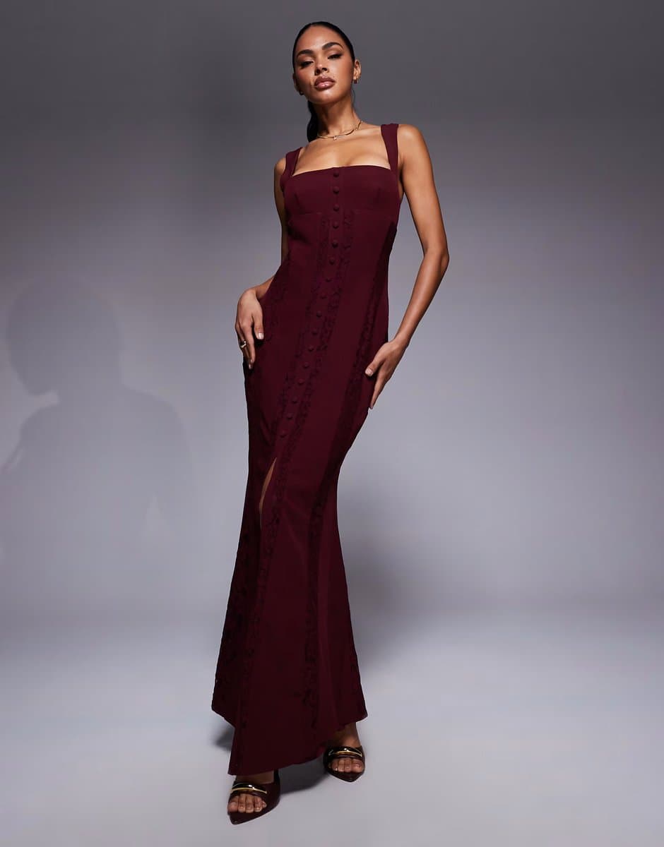 ASOS Murci exclusive square neck sheer lace panel maxi dress in plum