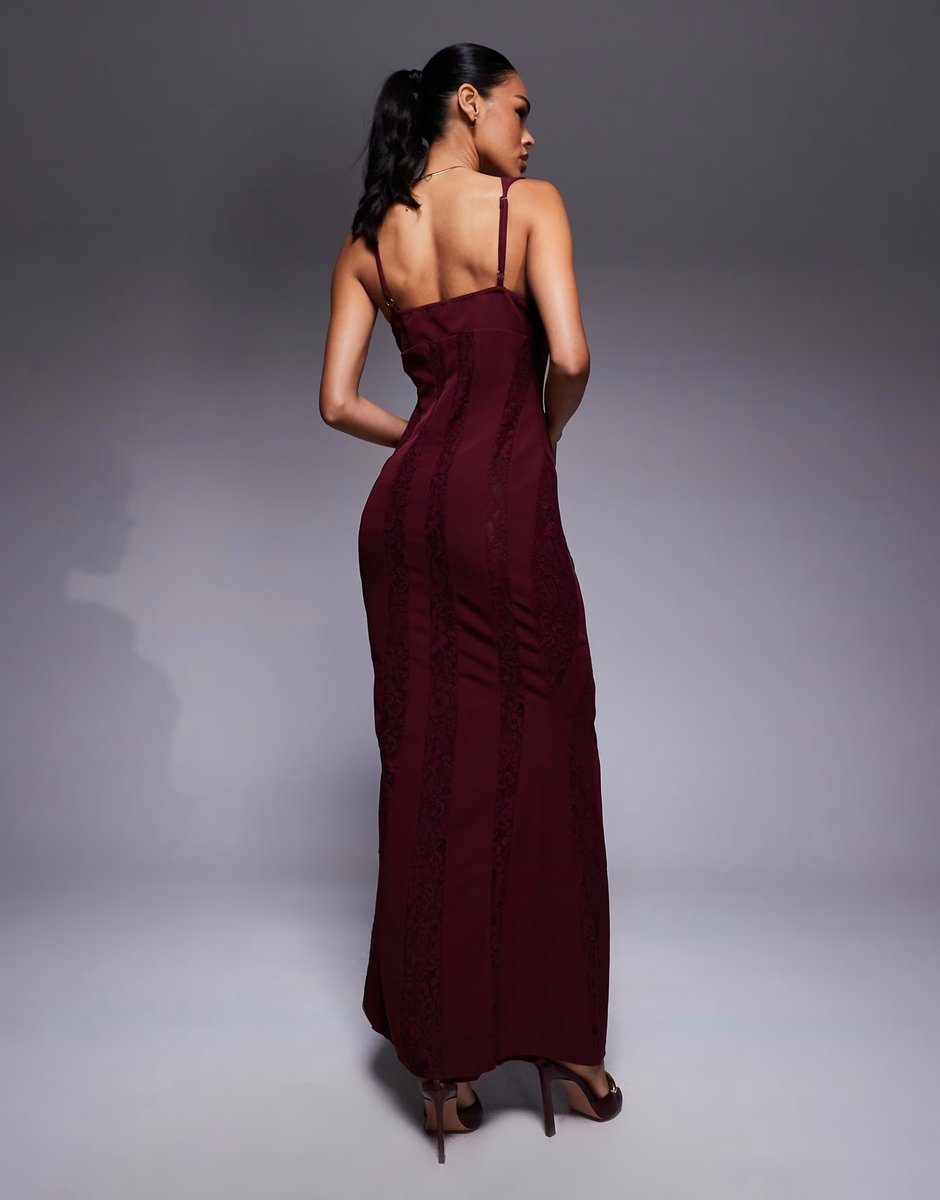 ASOS Murci exclusive square neck sheer lace panel maxi dress in plum - 3