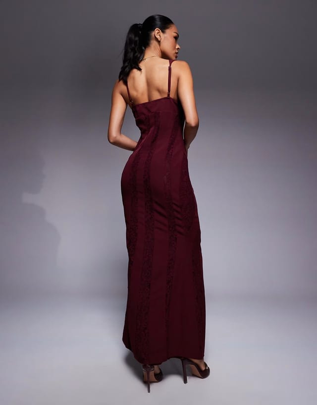 ASOS Murci exclusive square neck sheer lace panel maxi dress in plum - 3