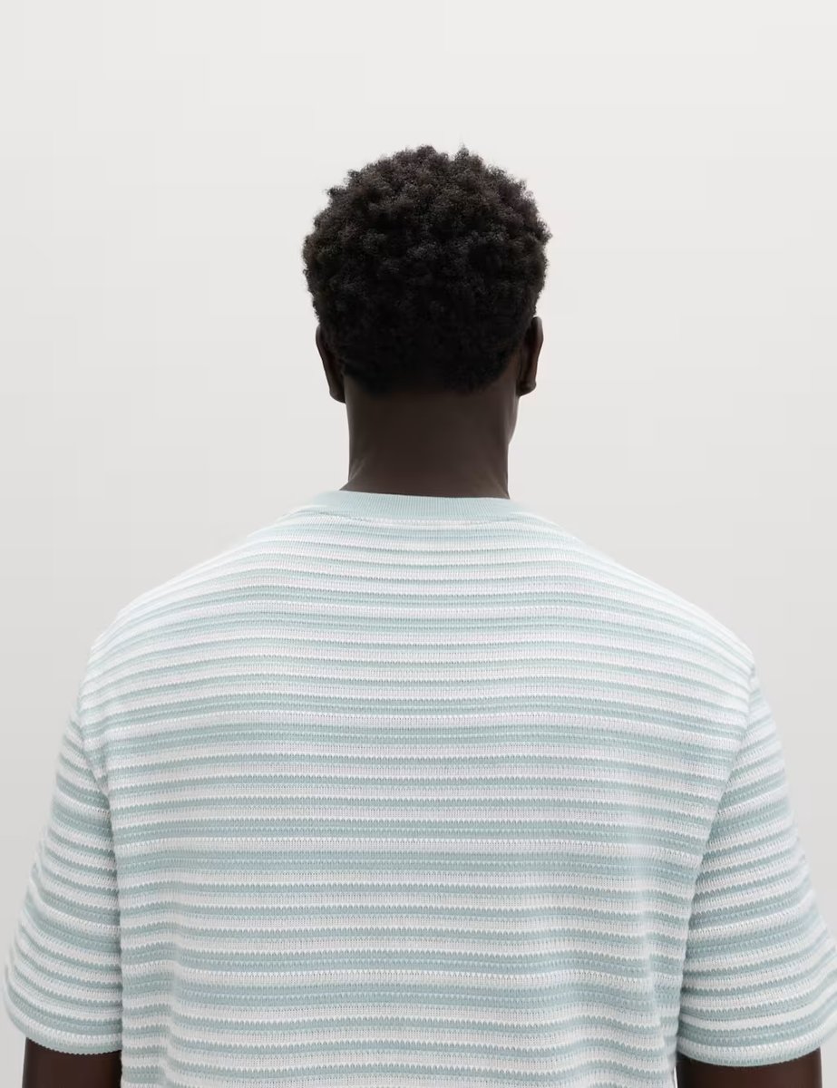 Marks & Spencer M&S Relaxed Fit Cotton Rich Textured Striped T-Shirt Soft Blue - 2