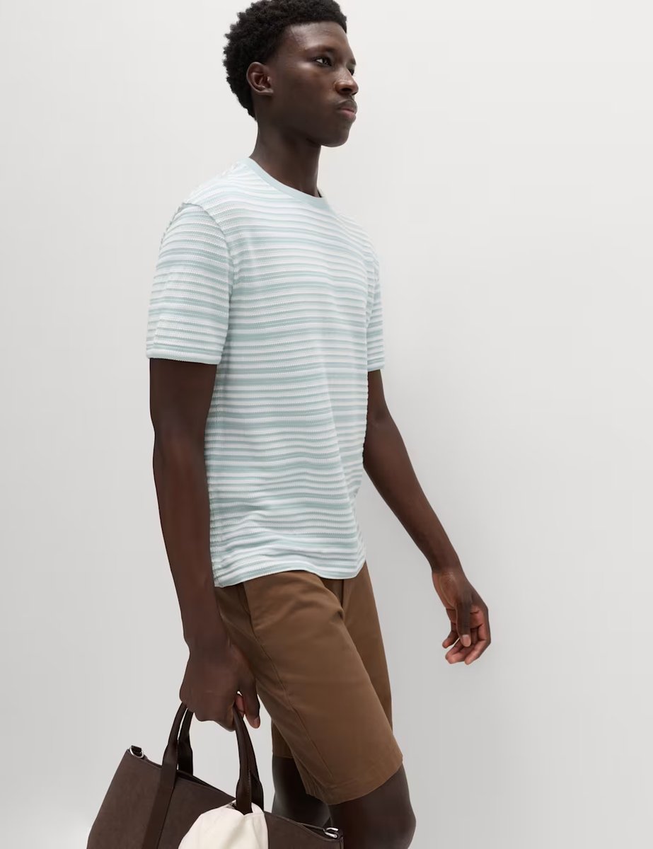 Marks & Spencer M&S Relaxed Fit Cotton Rich Textured Striped T-Shirt Soft Blue - 4